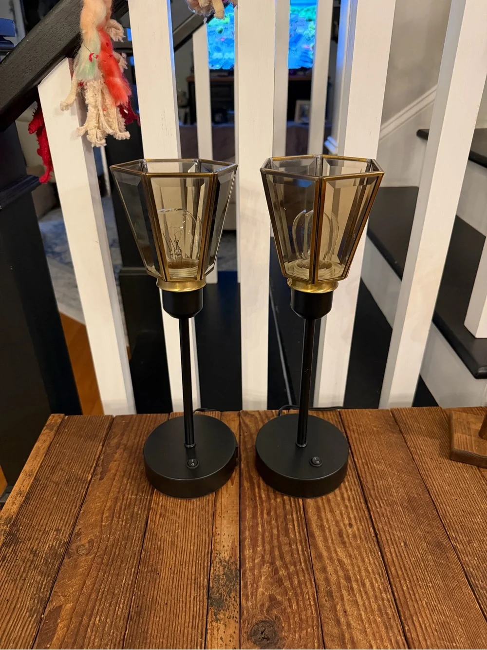Black Metal Table Lamps with Amber Glass Shades - Set of 2